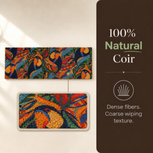 Close-up of toucan bird print on dense natural coconut fiber of the door mat