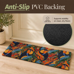 Underside of toucans entrance mat showing black PVC backing, mat placed at a front door