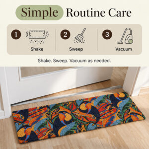 Care guide for toucans coir shoe scraper mat: shake, sweep and vacuum as needed