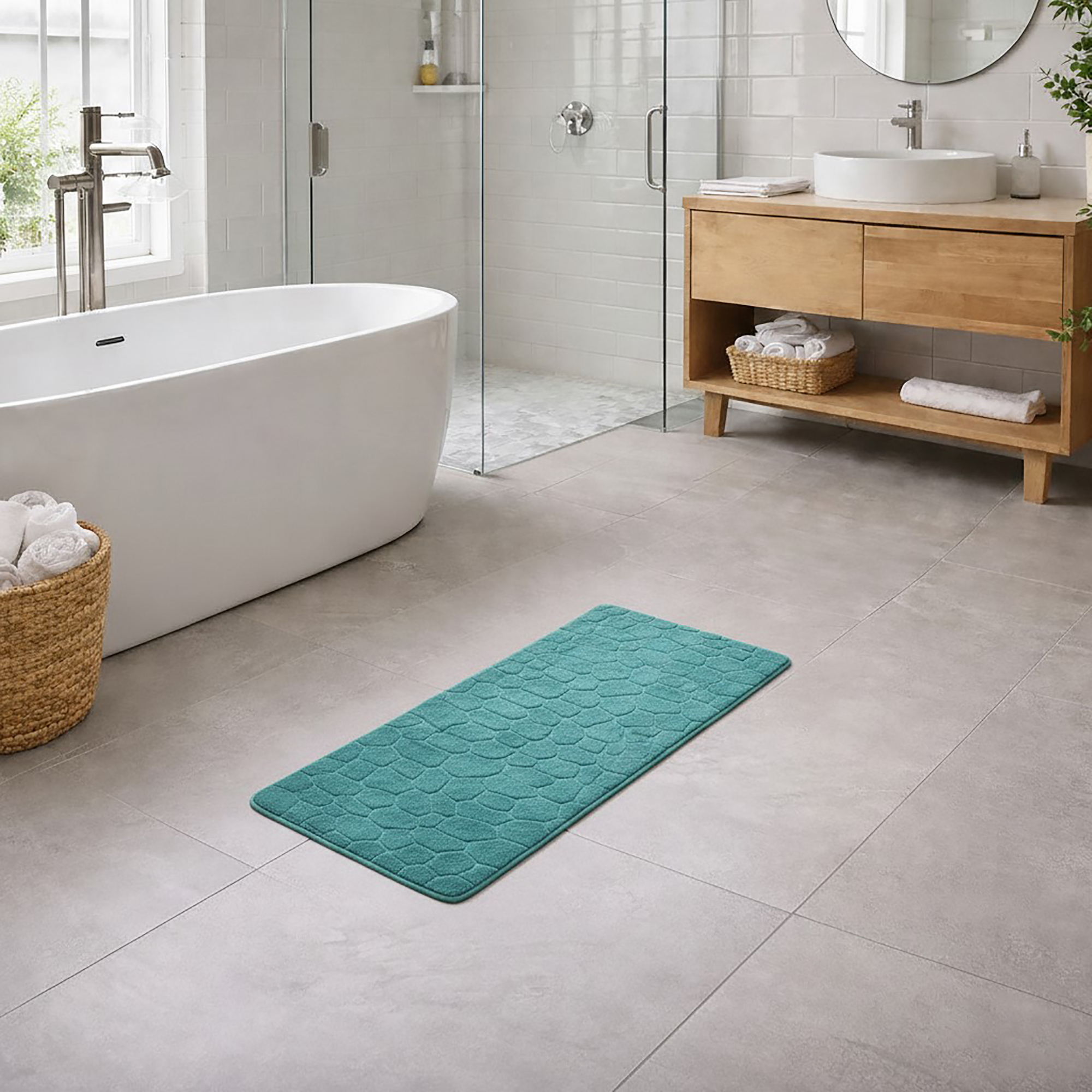 Peacock blue memory foam runner mat placed beside bathtub