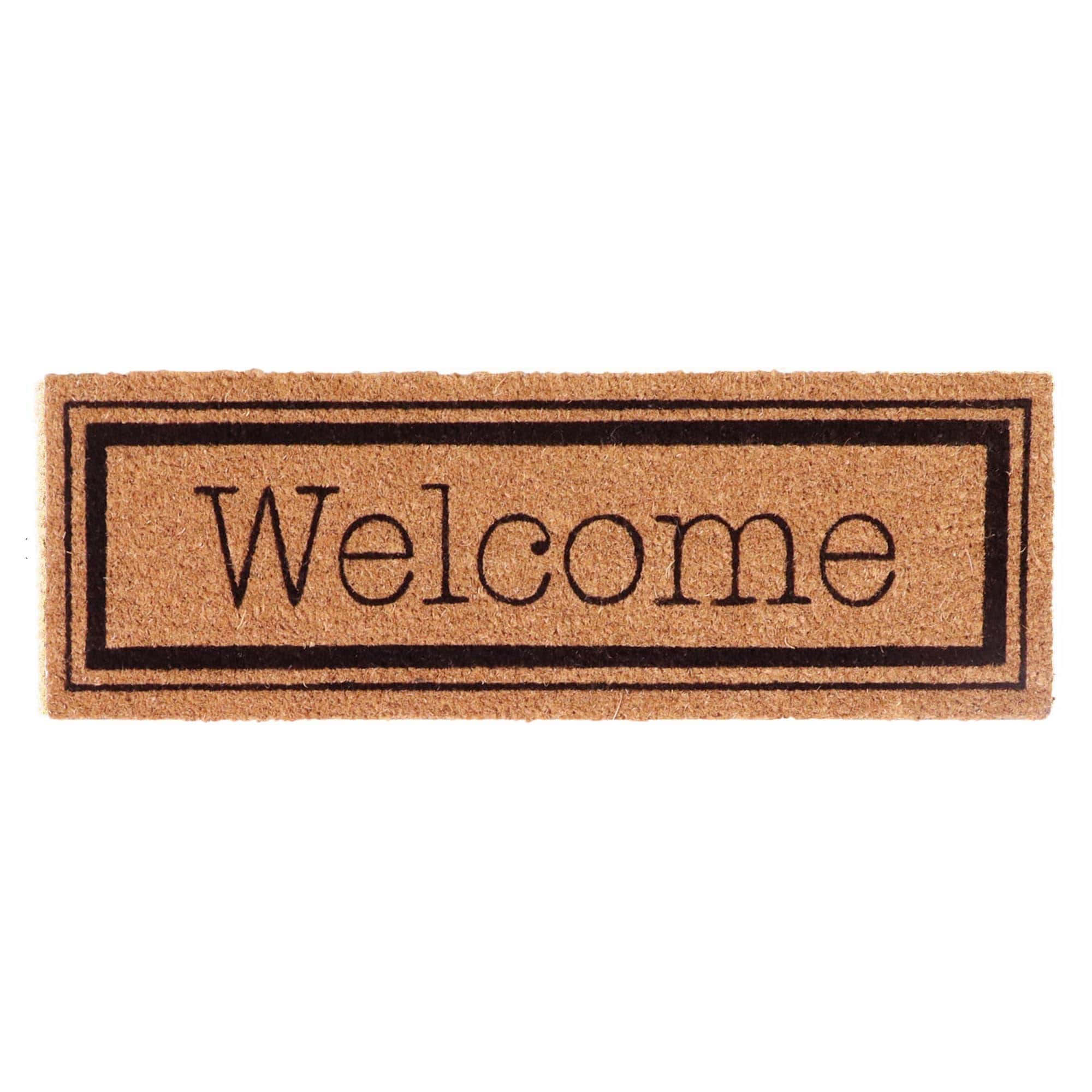 narrow coir mat with welcome print on white background