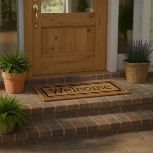 Welcome coir mat on brick doorstep with wooden door