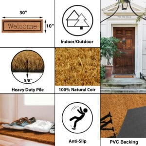 Welcome doormat infographic showing size, pile height, coir, PVC backing