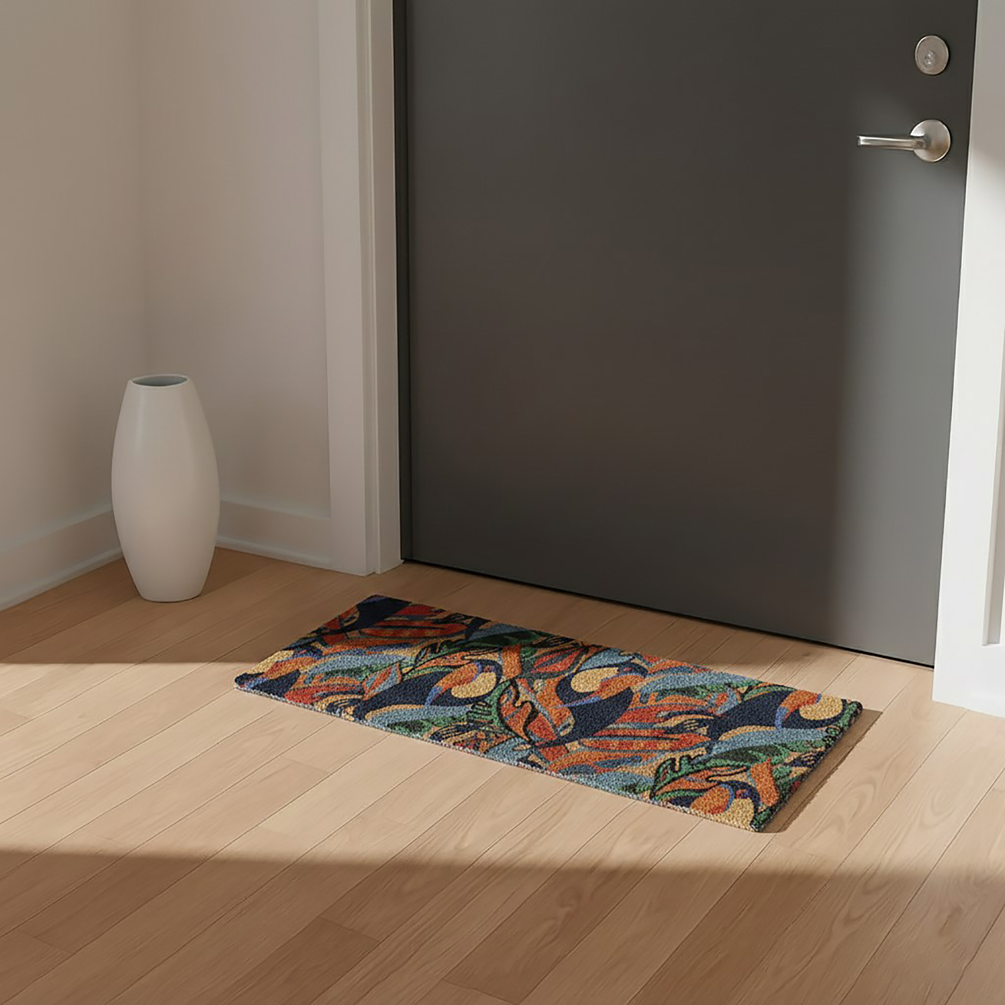 Multicolor toucan doormat placed inside by gray door