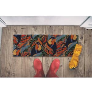 Toucan coir mat on wooden floor with boots and umbrella