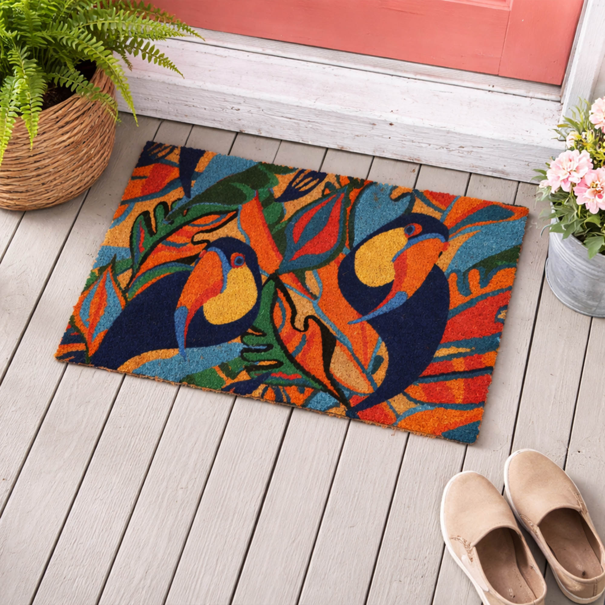 Toucan doormat porch coral door plants entry setting