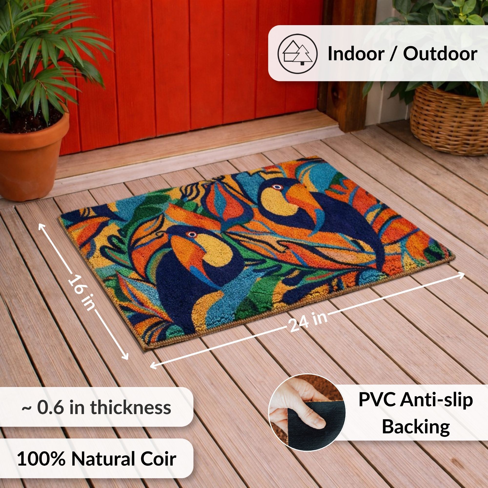 Toucan coir doormat infographic 24x16 PVC backing thickness