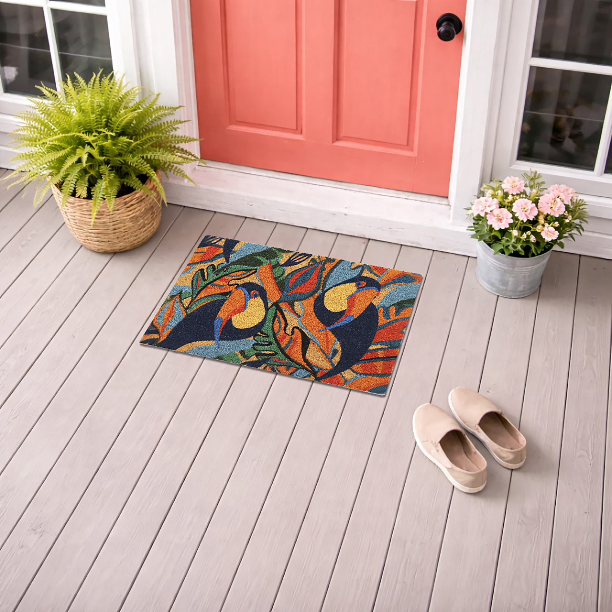 Toucan doormat angled porch view indoor outdoor use