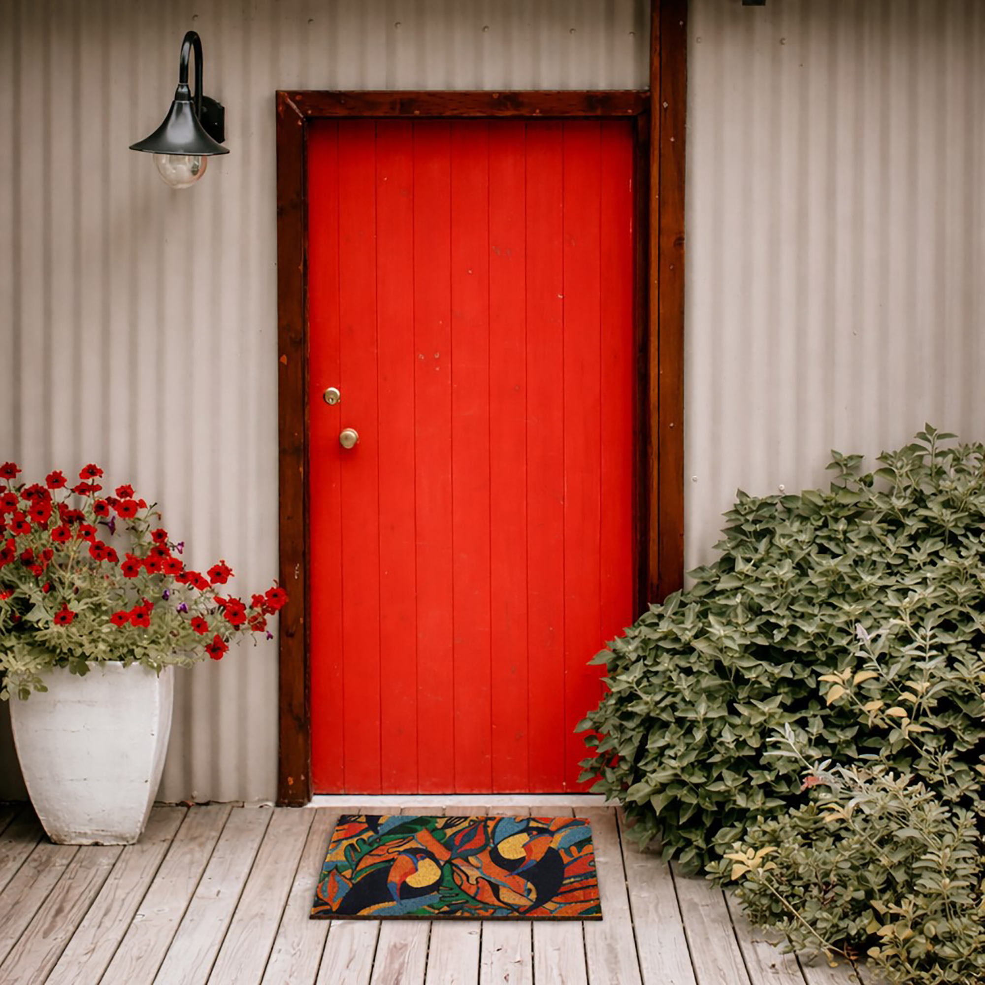 Toucan doormat front of red door outdoor entry