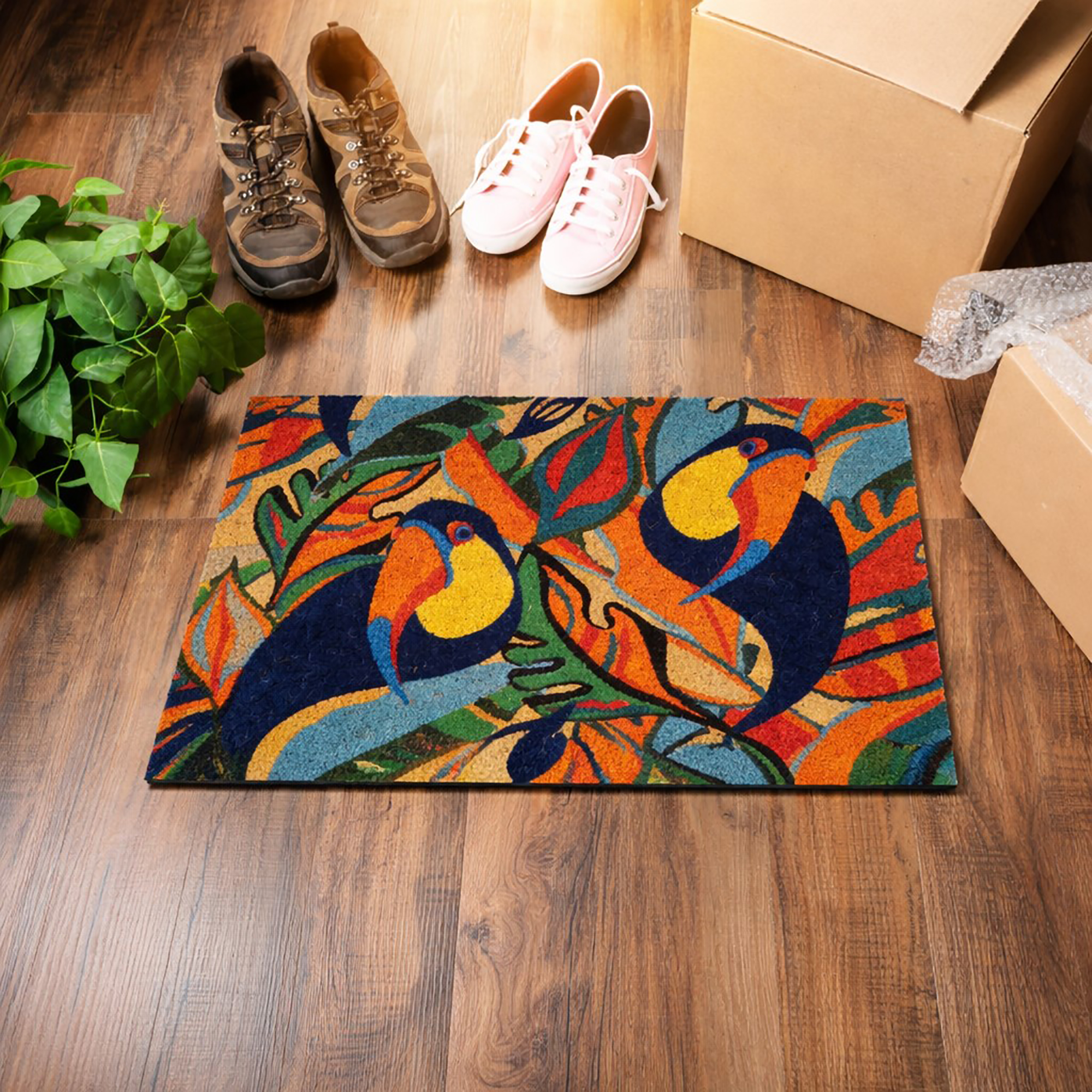 Toucan coir doormat indoor wood floor shoes boxes