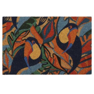 multicolor coir doormat with toucan print on white background