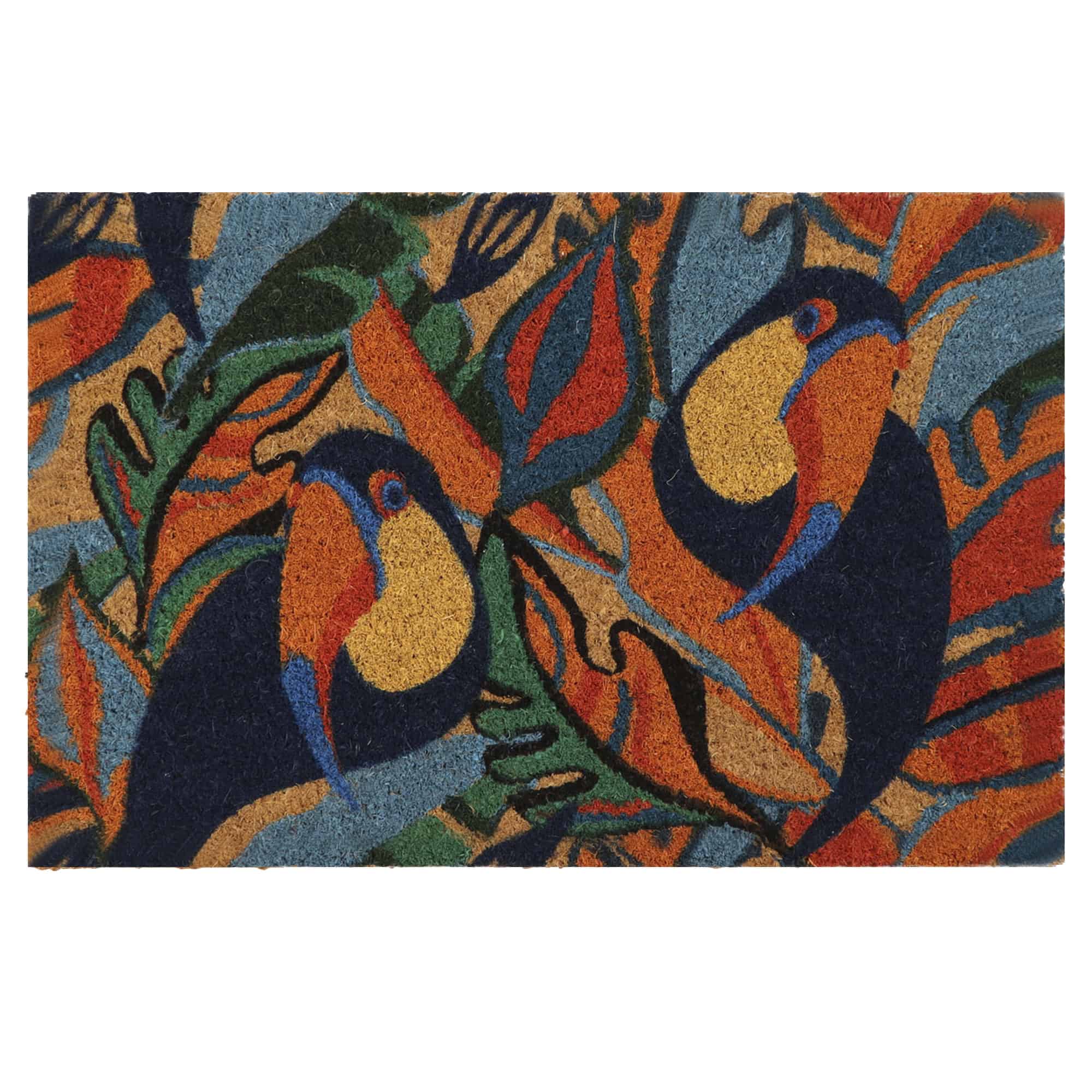 multicolor coir doormat with toucan print on white background