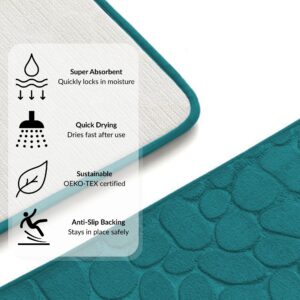 Peacock blue runner mat with overlay showing icons and features for super absorbent, quick drying, OEKO-TEX certified, and anti-slip backing