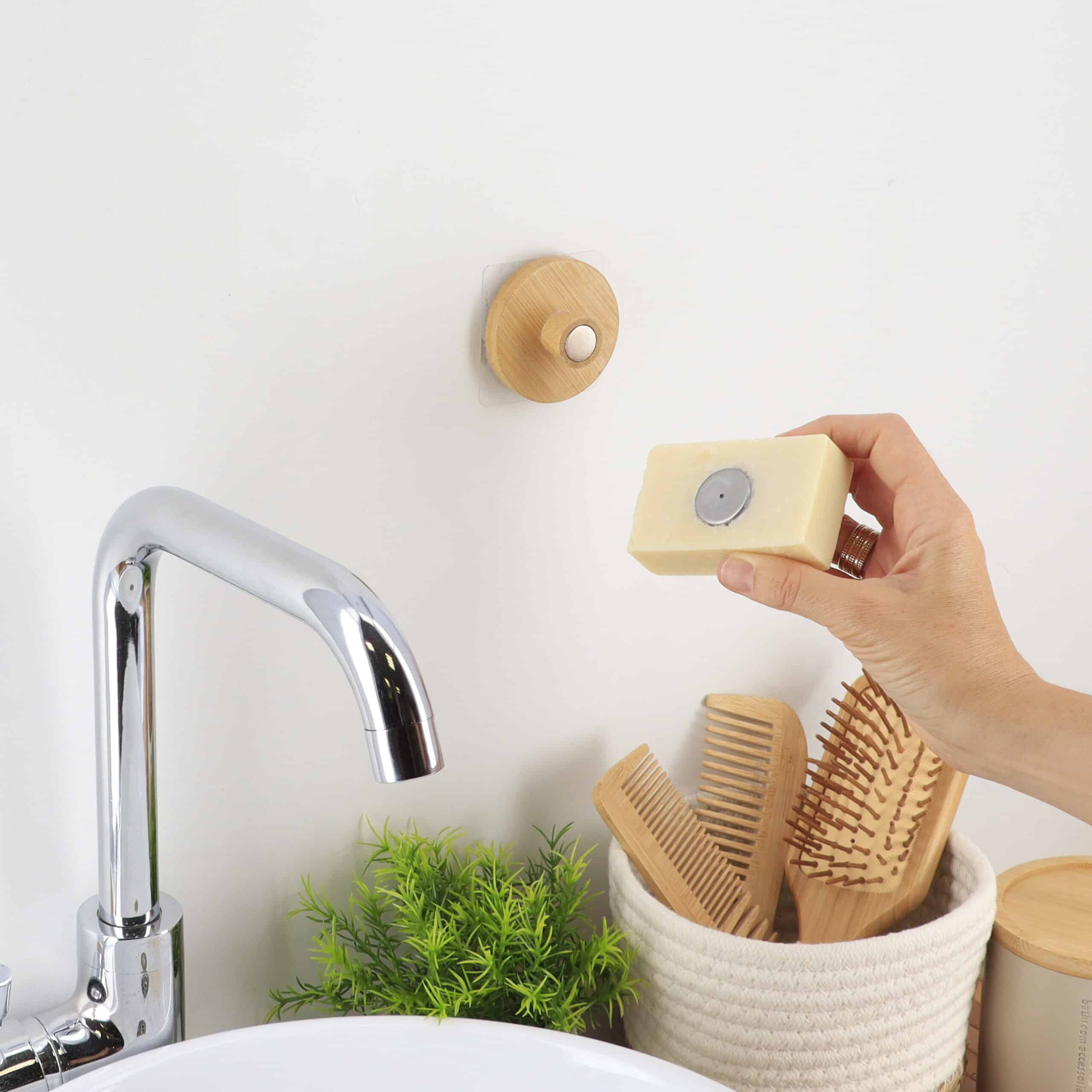Magnetic Soap Holder Bamboo Wall Mounted Adhesive Evideco