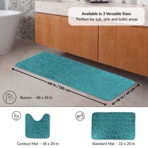 Peacock blue runner bath mat displayed under vanity with labeled dimensions 48x18 in and visual icons for additional contour and standard mat options