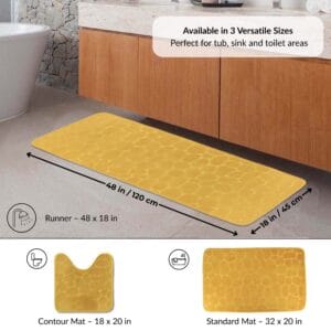 Mustard yellow runner bath mat displayed under vanity with labeled dimensions 48x18 in and visual icons for additional contour and standard mat options
