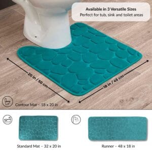 Peacock blue contour bath mat placed around toilet with labeled dimensions 18x20 in and visual icons for additional runner and standard mat options
