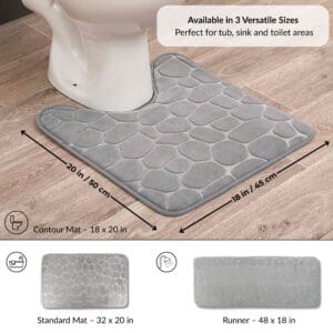 Light gray contour bath mat placed around toilet with labeled dimensions 18x20 in and visual icons for additional runner and standard mat options