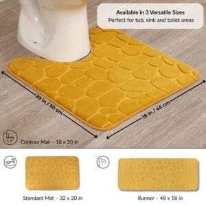 Mustard yellow contour bath mat placed around toilet with labeled dimensions 18x20 in and visual icons for additional runner and standard mat options