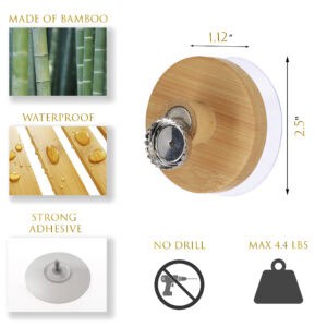 "Product specifications showing bamboo material, waterproof features, and 2kg weight capacity"