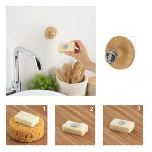 "Three-step installation guide showing magnet insertion into soap bar"