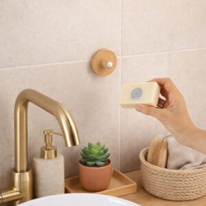 "Bamboo magnetic soap holder in use on beige tile wall near sink"