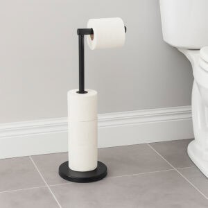 "Matte black freestanding toilet paper holder with 3 reserve rolls next to toilet in gray bathroom"