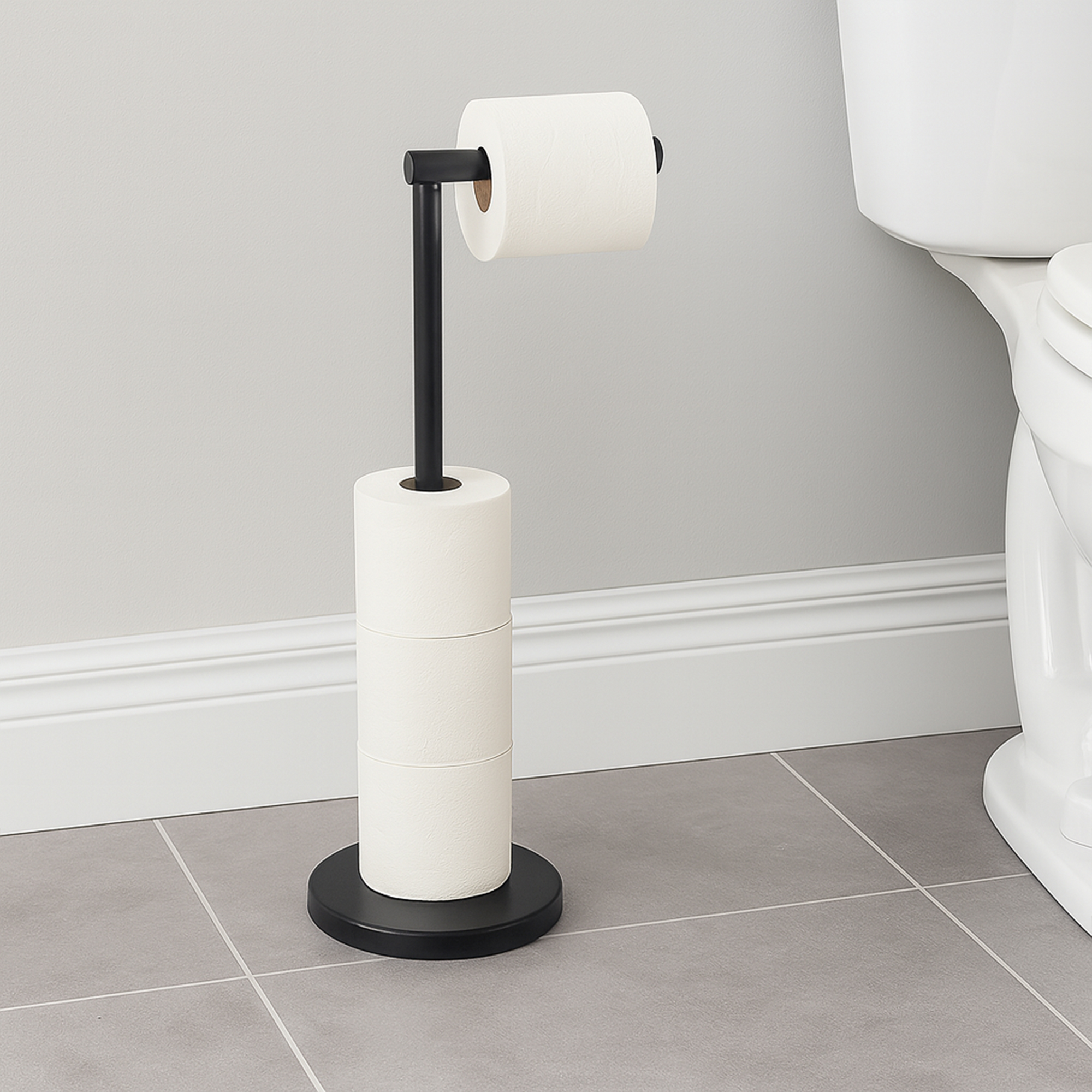 "Matte black freestanding toilet paper holder with 3 reserve rolls next to toilet in gray bathroom"