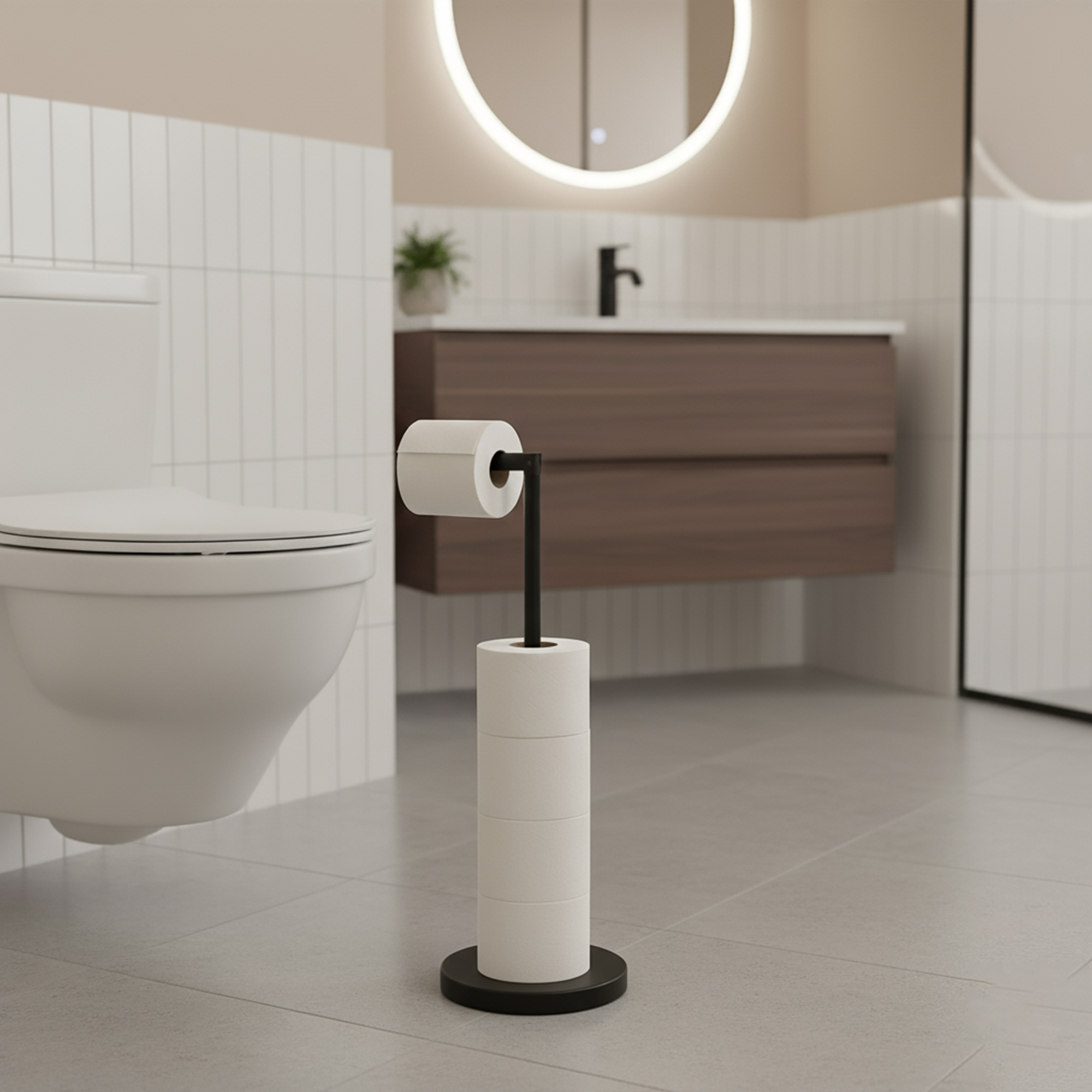 "Matte black freestanding toilet paper holder with reserve rolls in modern beige bathroom"