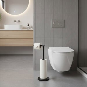 "Matte black freestanding toilet paper holder with reserve rolls next to wall-hung toilet in gray bathroom"