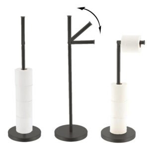 "Three-step diagram showing folding arm operation on matte black toilet paper holder with reserve rolls"