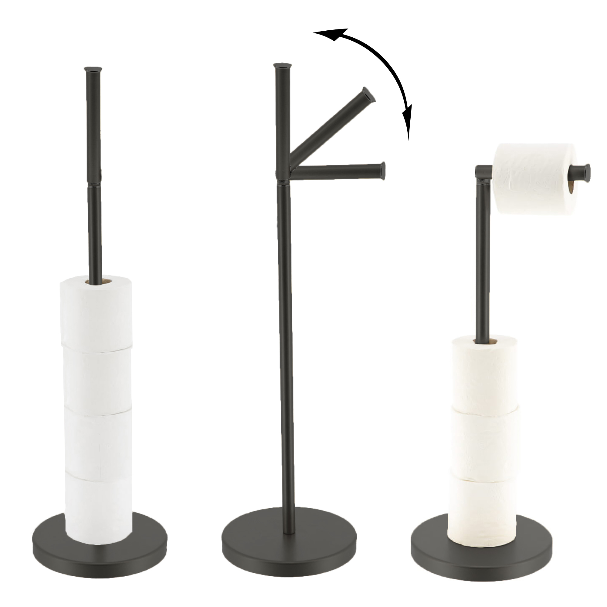 "Three-step diagram showing folding arm operation on matte black toilet paper holder with reserve rolls"