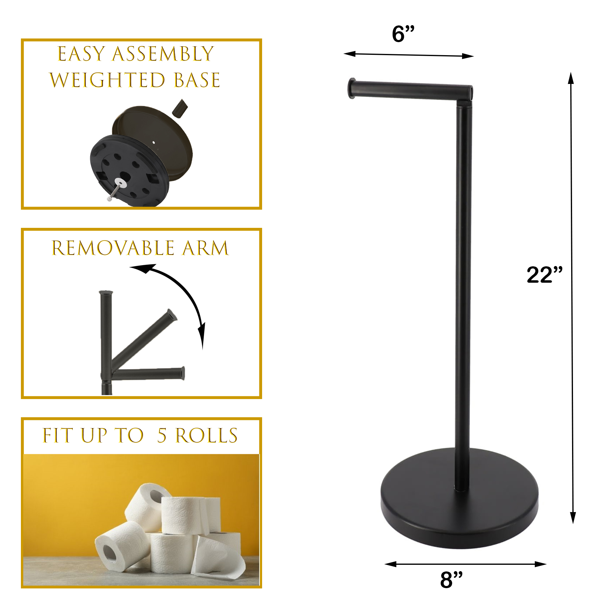 "Features and dimensions infographic: matte black toilet paper stand, 22 in tall, 8 in base, removable arm, holds 5 rolls"