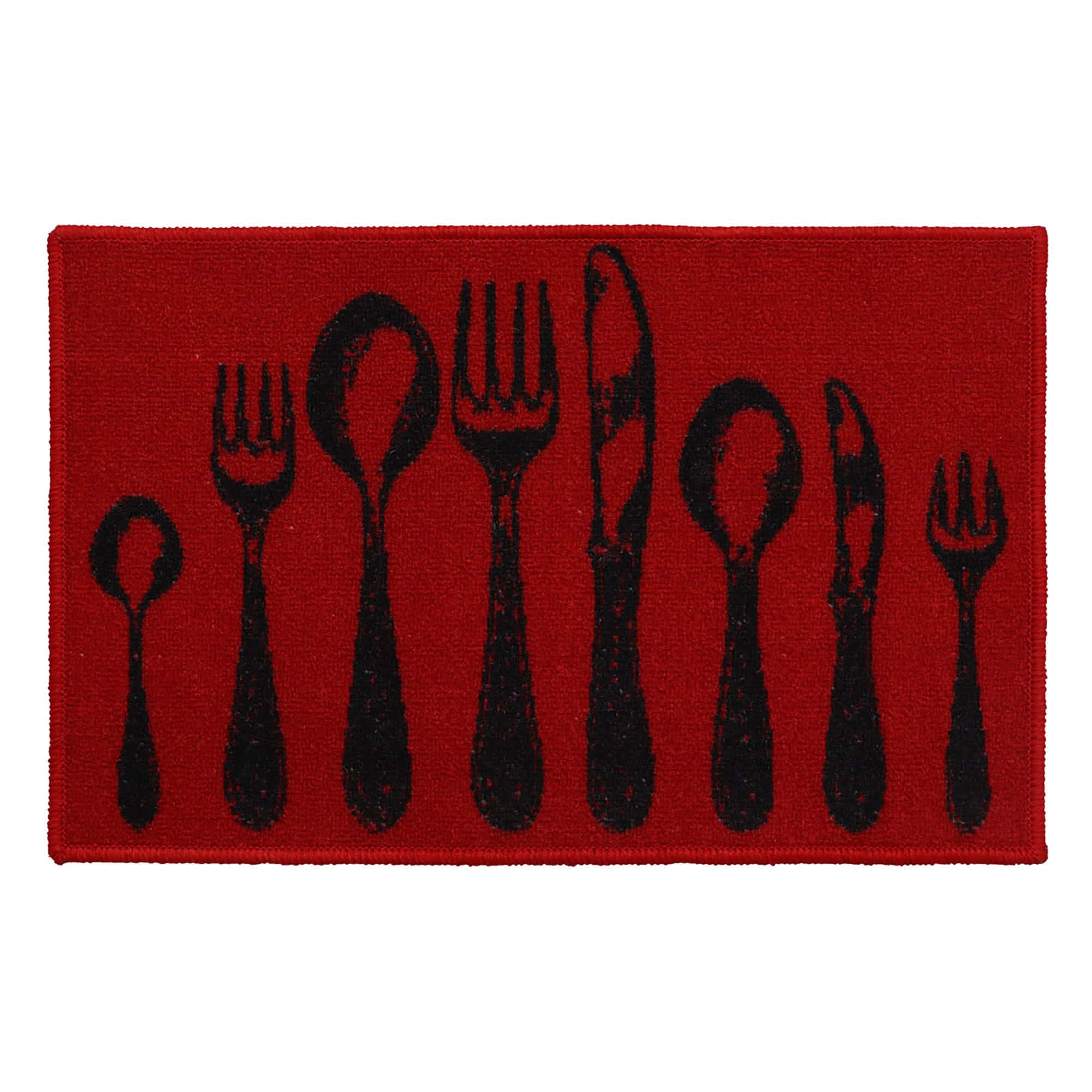 Red kitchen mat printed with black fork, spoon, and knife silhouettes in a row, shown flat on a white background for a clear product view.