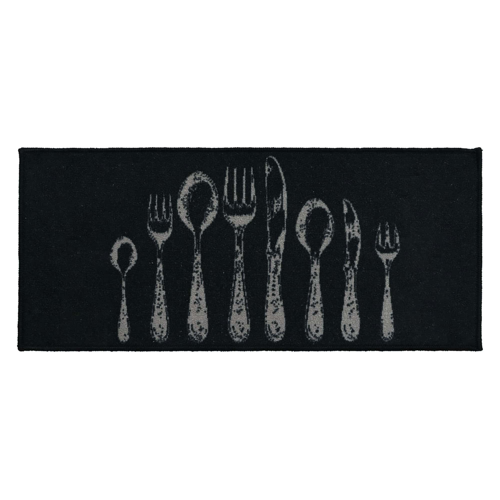 Black kitchen runner rug printed with light gray fork, spoon, and knife silhouettes in a row, shown flat on a white background for a clear product view.