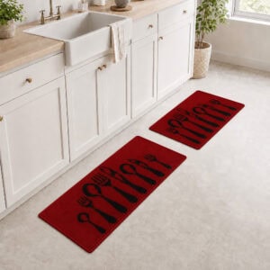 Red two piece cutlery set styled in a kitchen, the longer runner along the cabinets and the smaller mat by the sink in a real setting.