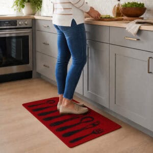 Person in jeans standing on a red cutlery print kitchen rug while prepping food at a gray counter, showing the mat in a real kitchen.
