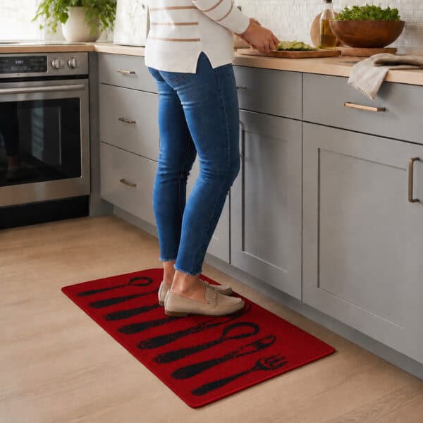 Person in jeans standing on a red cutlery print kitchen rug while prepping food at a gray counter, showing the mat in a real kitchen.