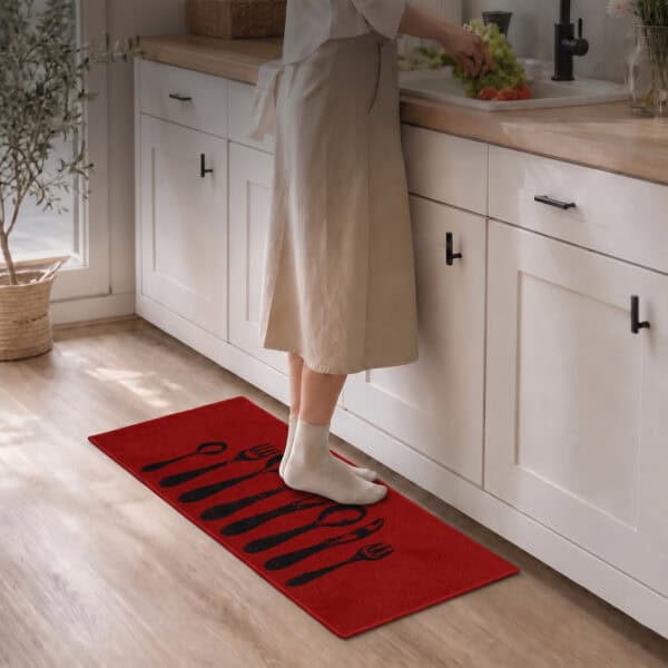 Person in a beige dress and white socks standing on a red cutlery runner rug while prepping food at a bright kitchen sink.