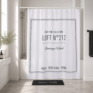 LOFT 212 black and white typography shower curtain drawn across a bathtub