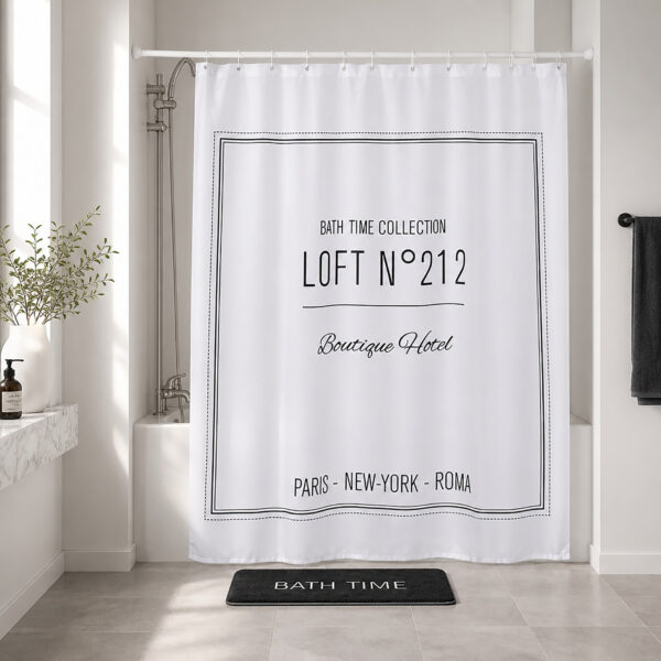 LOFT 212 black and white typography shower curtain drawn across a bathtub