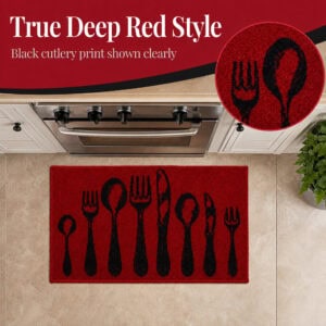 Close view of the deep red accent rug with bold black cutlery print, a circular inset magnifying the textured fork and spoon design near a stove.