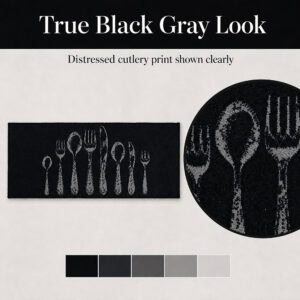 Black runner rug with a distressed gray cutlery print, a round inset magnifying the textured fork and spoon detail beside a black and gray color strip.