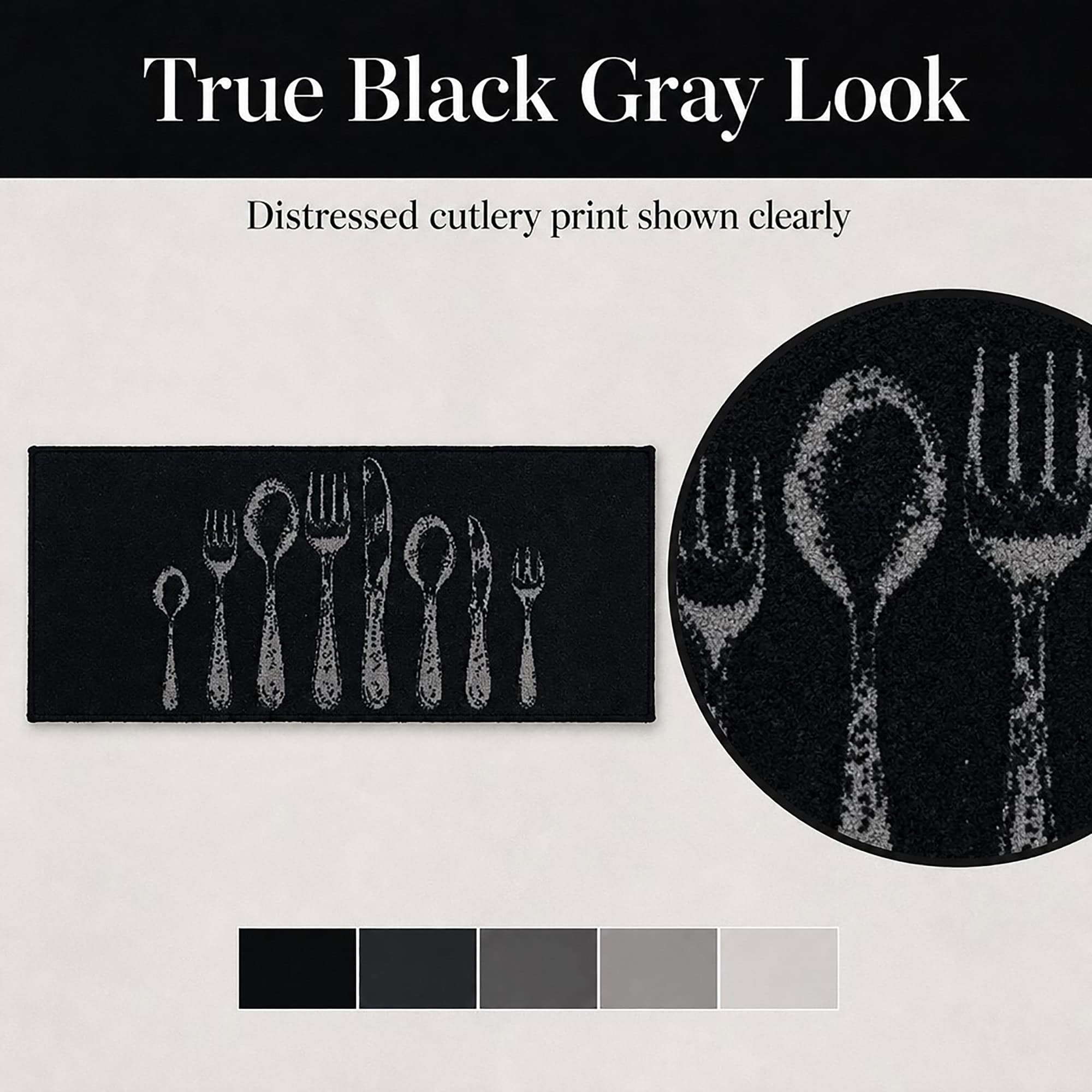 Black runner rug with a distressed gray cutlery print, a round inset magnifying the textured fork and spoon detail beside a black and gray color strip.