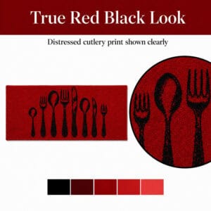 Red runner rug with a distressed black cutlery print, a round inset magnifying the textured fork and spoon detail beside a black and red color strip.