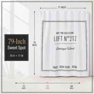 Dimension diagram of the extra long shower curtain, 79 inches long by 71 inches wide
