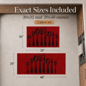 Two red kitchen rugs shown with size labels, a thirty two by twenty inch mat and a forty eight by twenty inch runner included in the set.