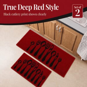 Close view of the red kitchen set with a distressed black cutlery print, a corner badge noting the set of two pieces.