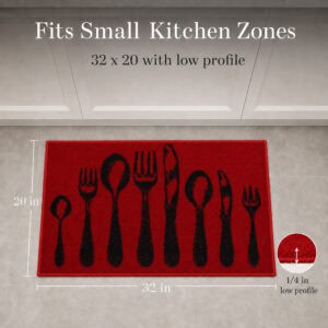 Red kitchen floor mat on tile measuring thirty two by twenty inches, with an inset showing the one quarter inch low profile height.