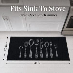 Black kitchen floor runner measuring forty eight by twenty inches, sized to fit from sink to stove, with arrows marking the length and width.